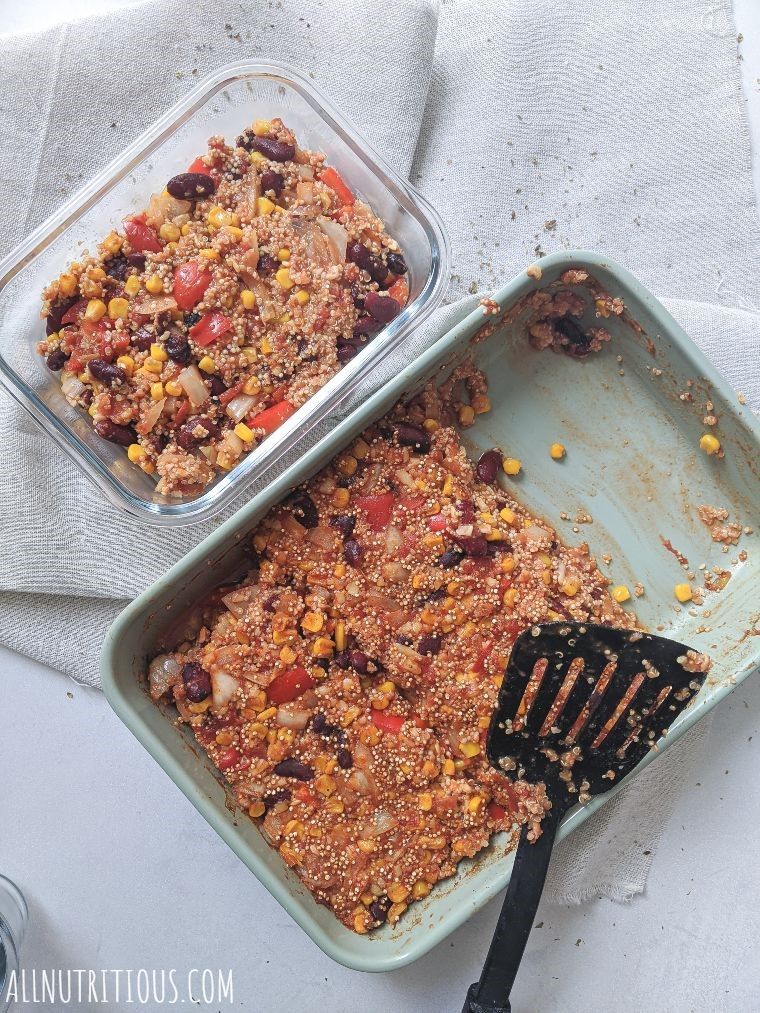 red bean casserole in a meal prep container