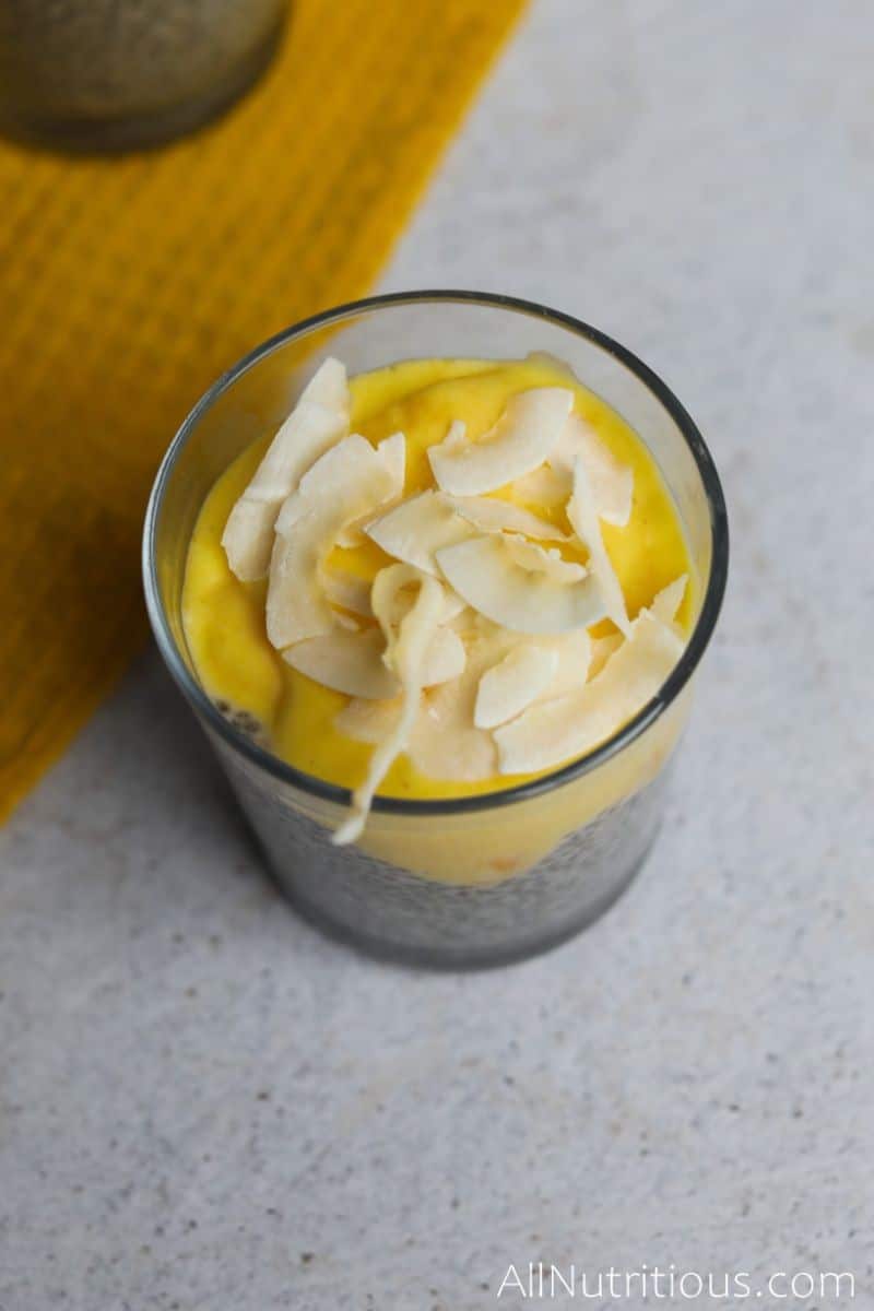 mango chia seed pudding with coconut toppings