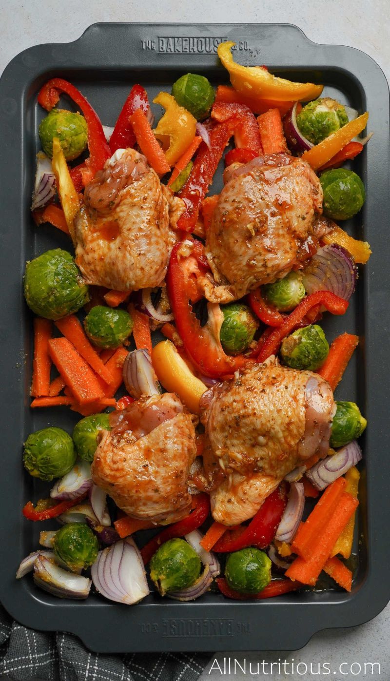 chicken thighs and veggies on sheet pan