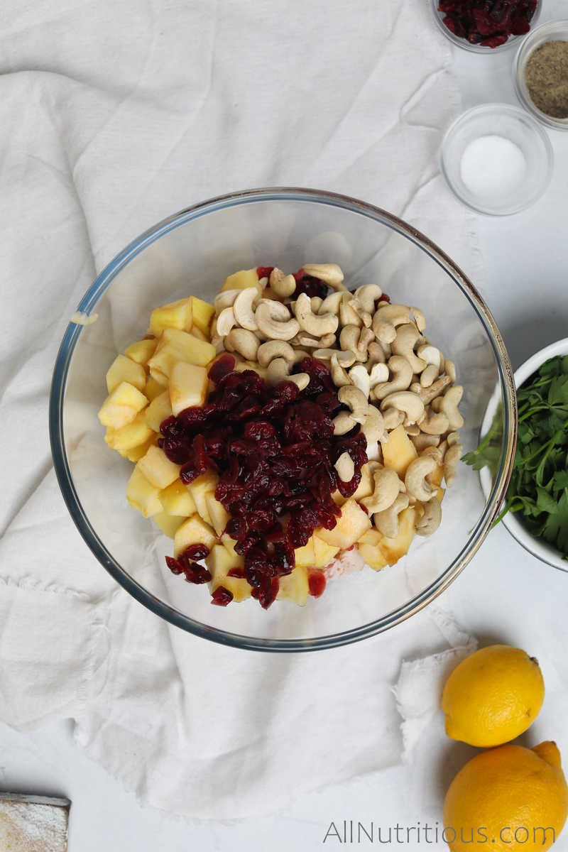 bowl with cranberries, cashews and apples