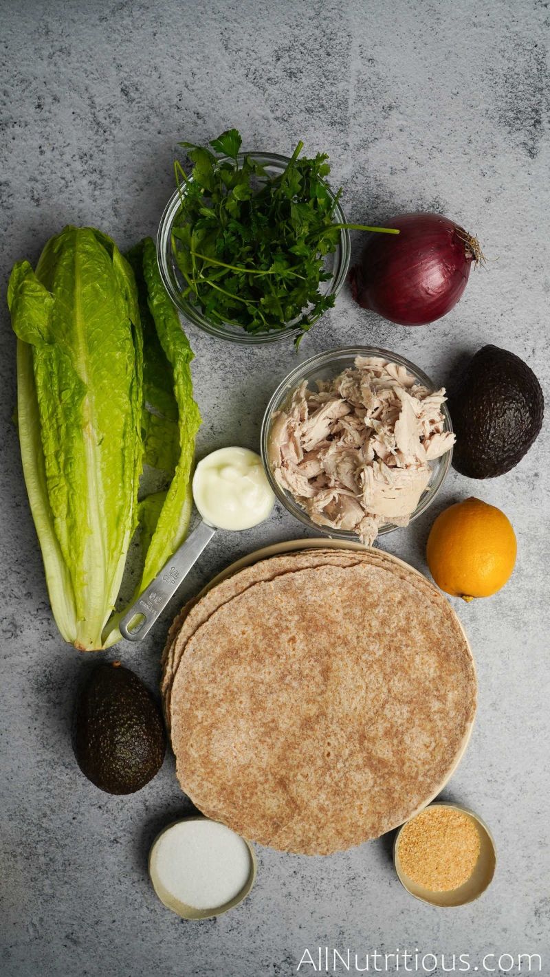 ingredients for chicken avocado wrap