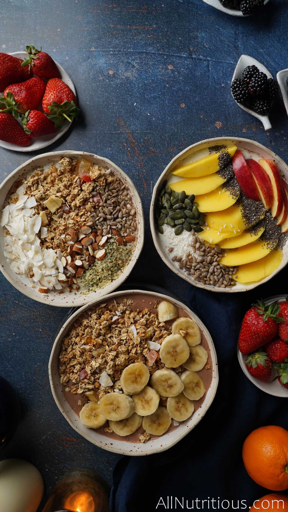 3 granola bowls with toppings