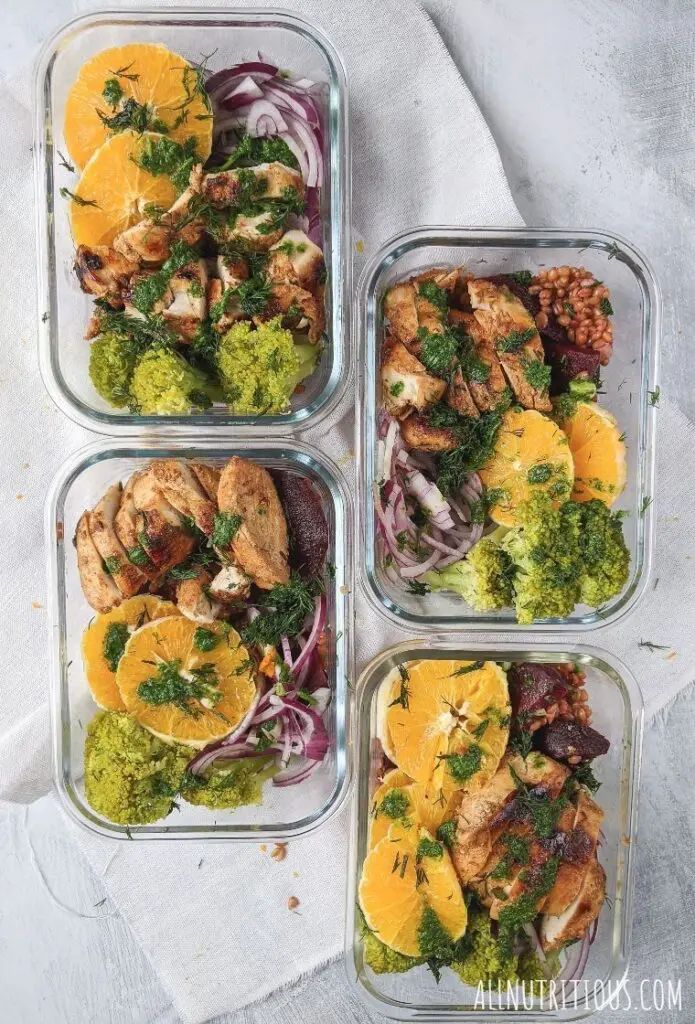Chicken with Broccoli, Beets, and Farro Salad