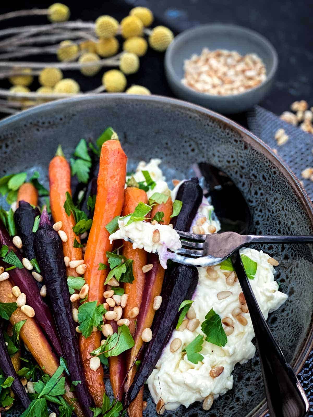 Roasted Maple Carrots with Stracciatella Cheese