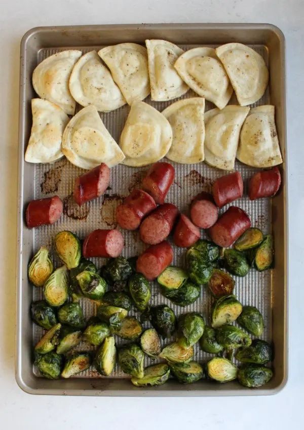 Kielbasa, Pierogi and Brussels Sprouts Sheet Pan Dinner