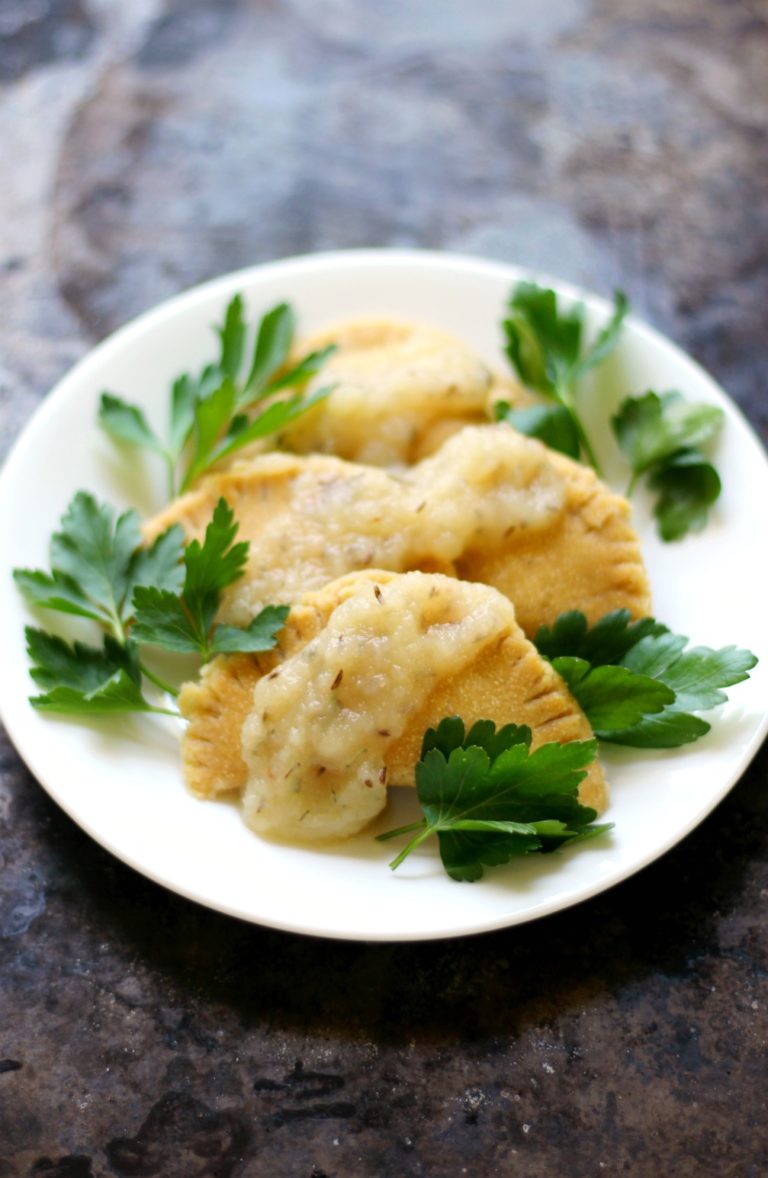 Sauerkraut Chickpea Flour Pierogies with Spiced Applesauce