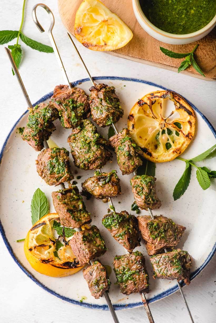 Grilled Steak Kabobs with Basil Mint Chimichurri