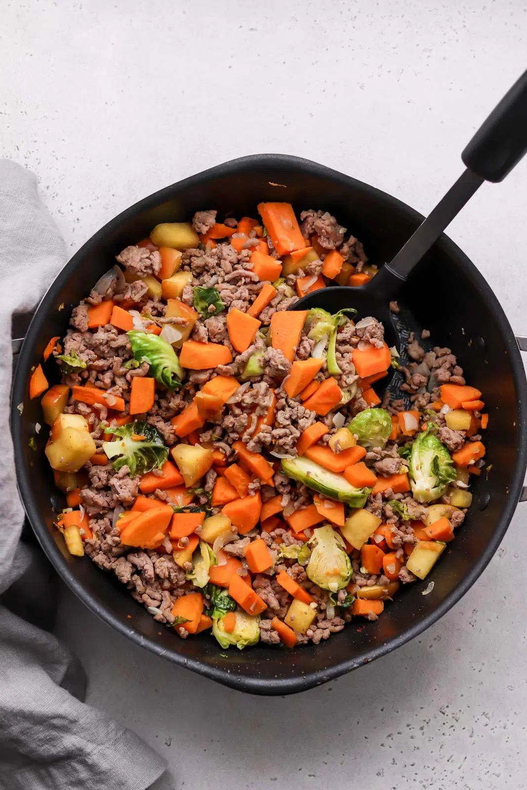 Ground Turkey Sweet Potato Skillet with Brussels Sprouts & Apples