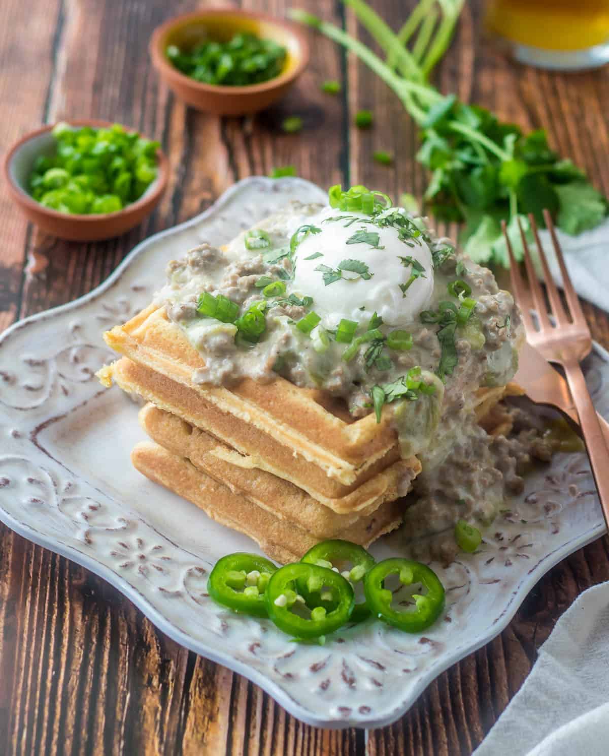 Cornmeal Waffles with Green Chile Sausage Gravy