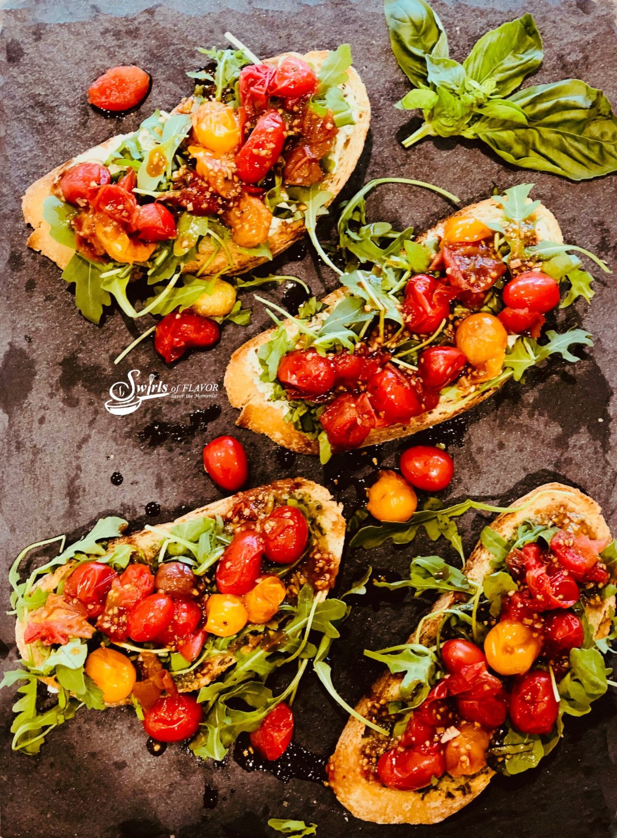 Blistered Tomato Toast with Pesto and Arugula