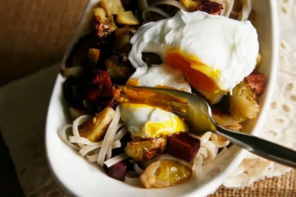 Roasted Veggies and Rice Noodles with Poached Egg