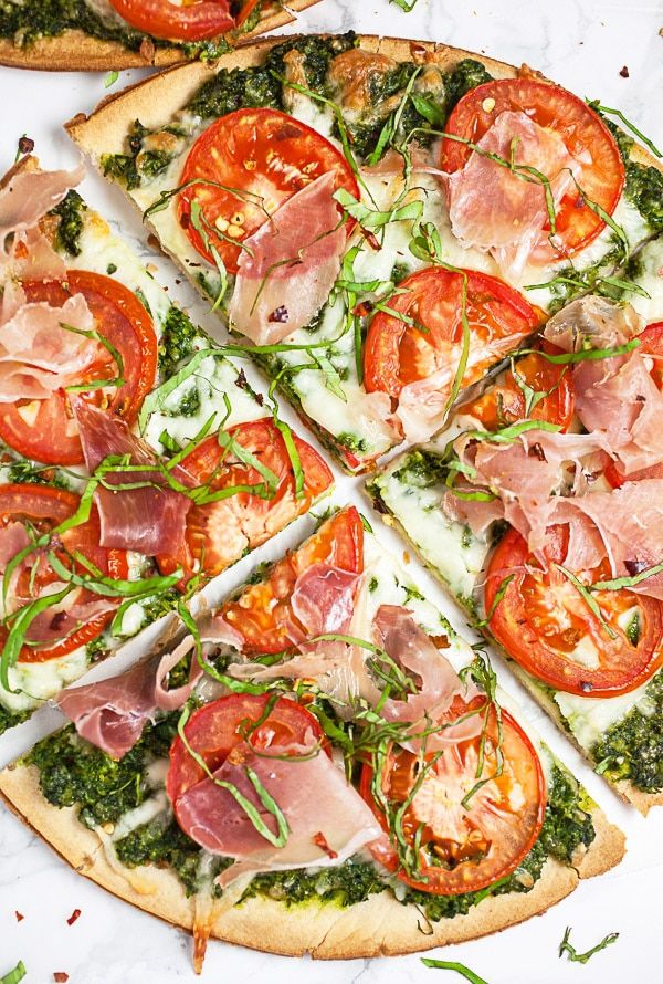 Arugula Pesto Prosciutto Tomato Pizza