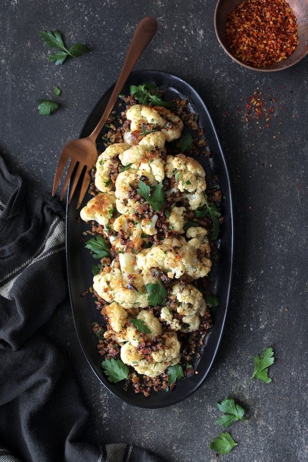 Roasted Cauliflower with Black Olive Pangrattato