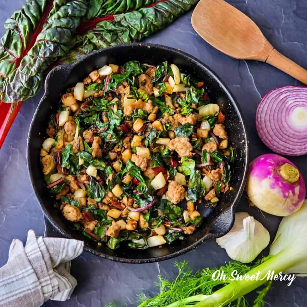 Swiss Chard Hash with Turkey Fennel and Turnips