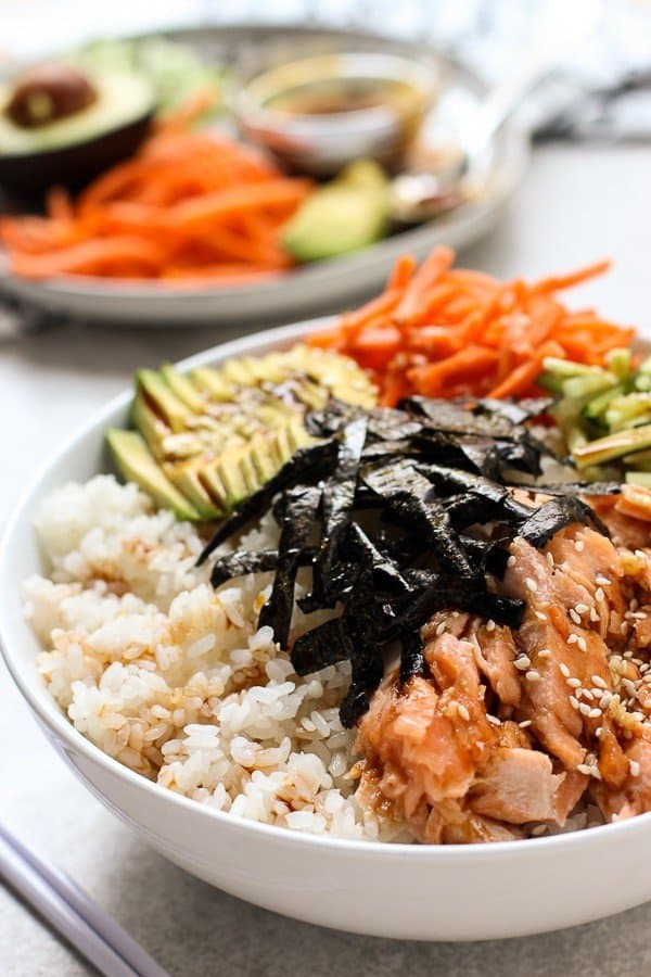 baked salmon sushi bowl