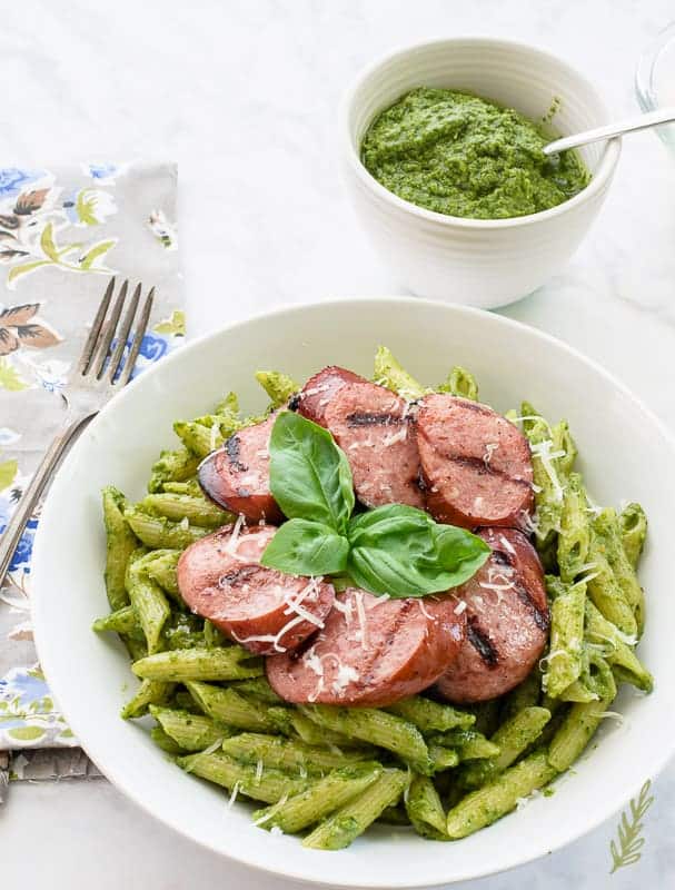 penne pesto sauce sausage