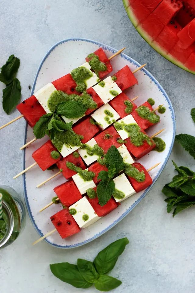 watermelon skewers with feta and pesto