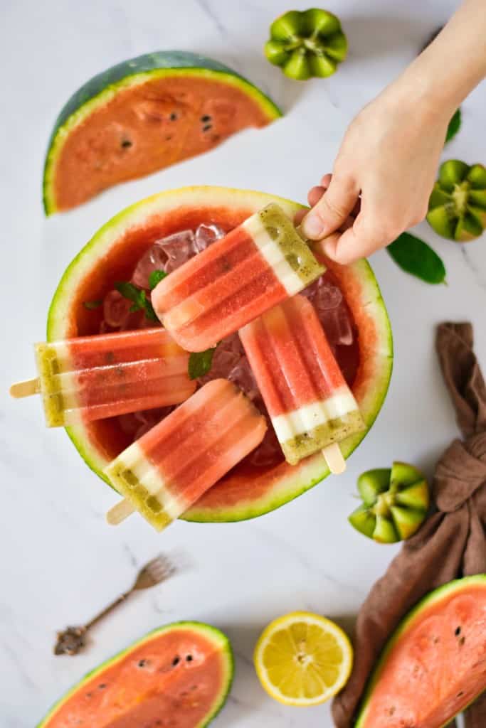 watermelon, coconut, kiwi popsicles