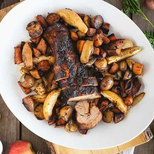 pork tenderloin with apples and root vegetables