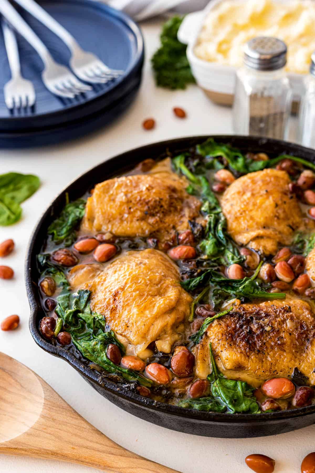 skillet chicken with beans and greens