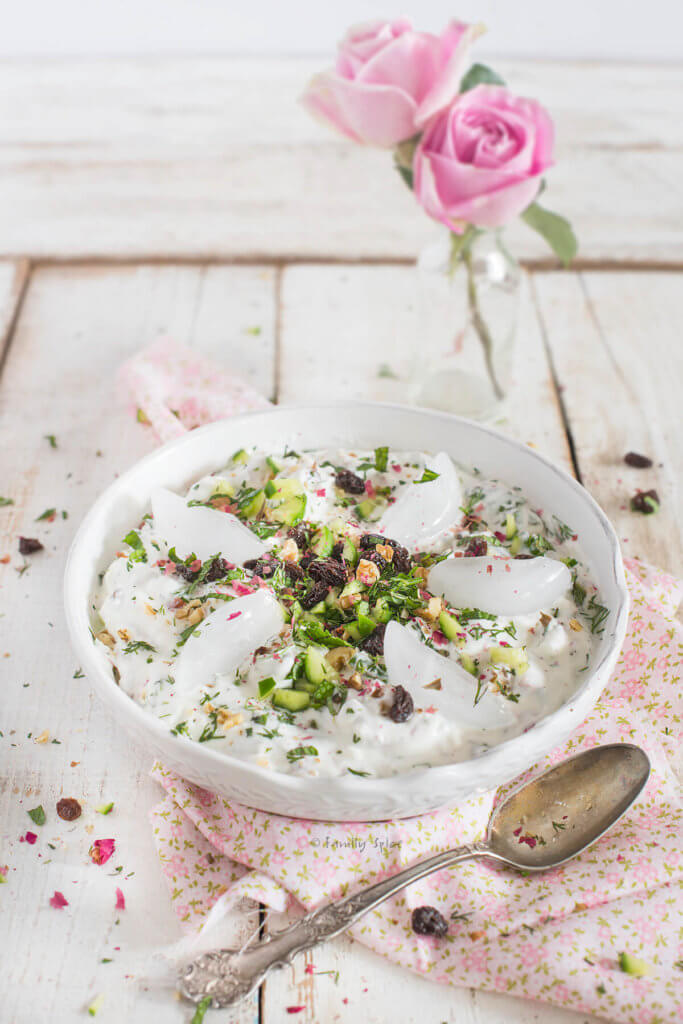 Persian cold yogurt soup with raisins