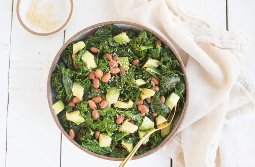 sauteed kale, bean and avocado salad