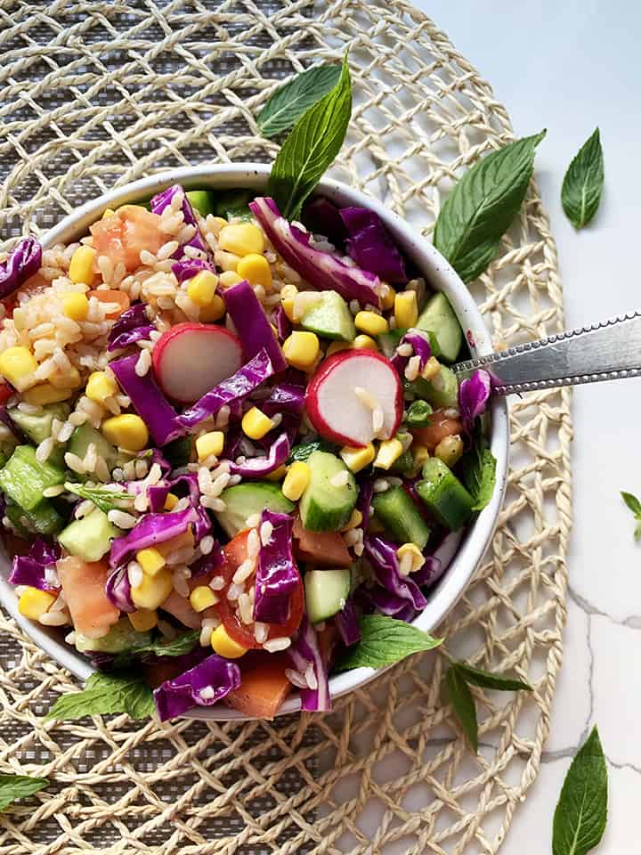 vegan brown rice and chickpea salad