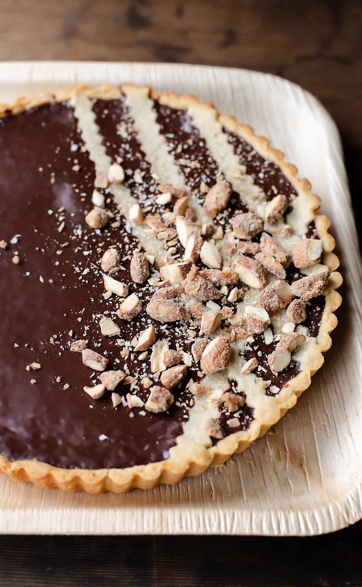 chocolate tart with coffee candied almonds