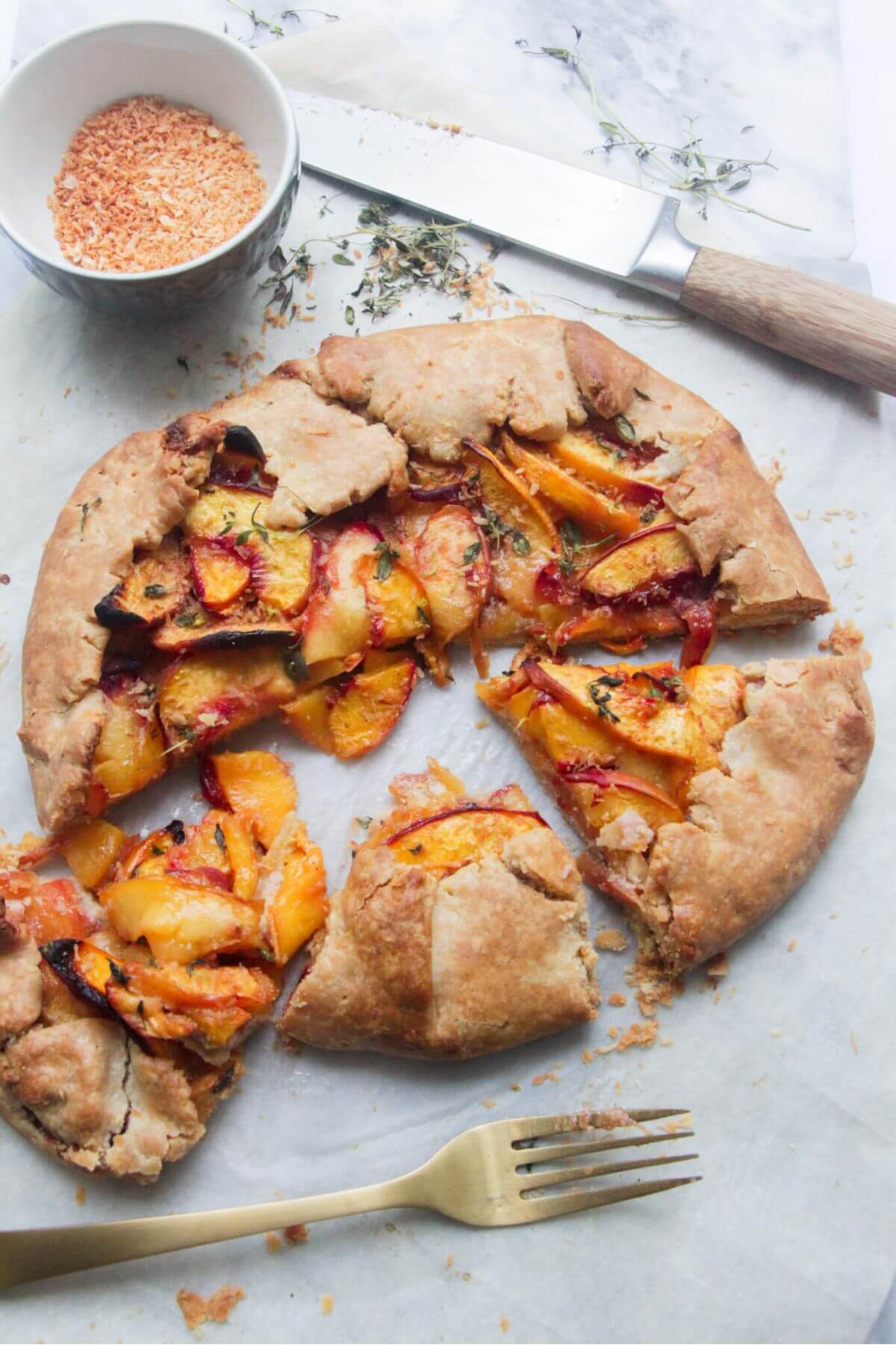 peach, almond and coconut galette