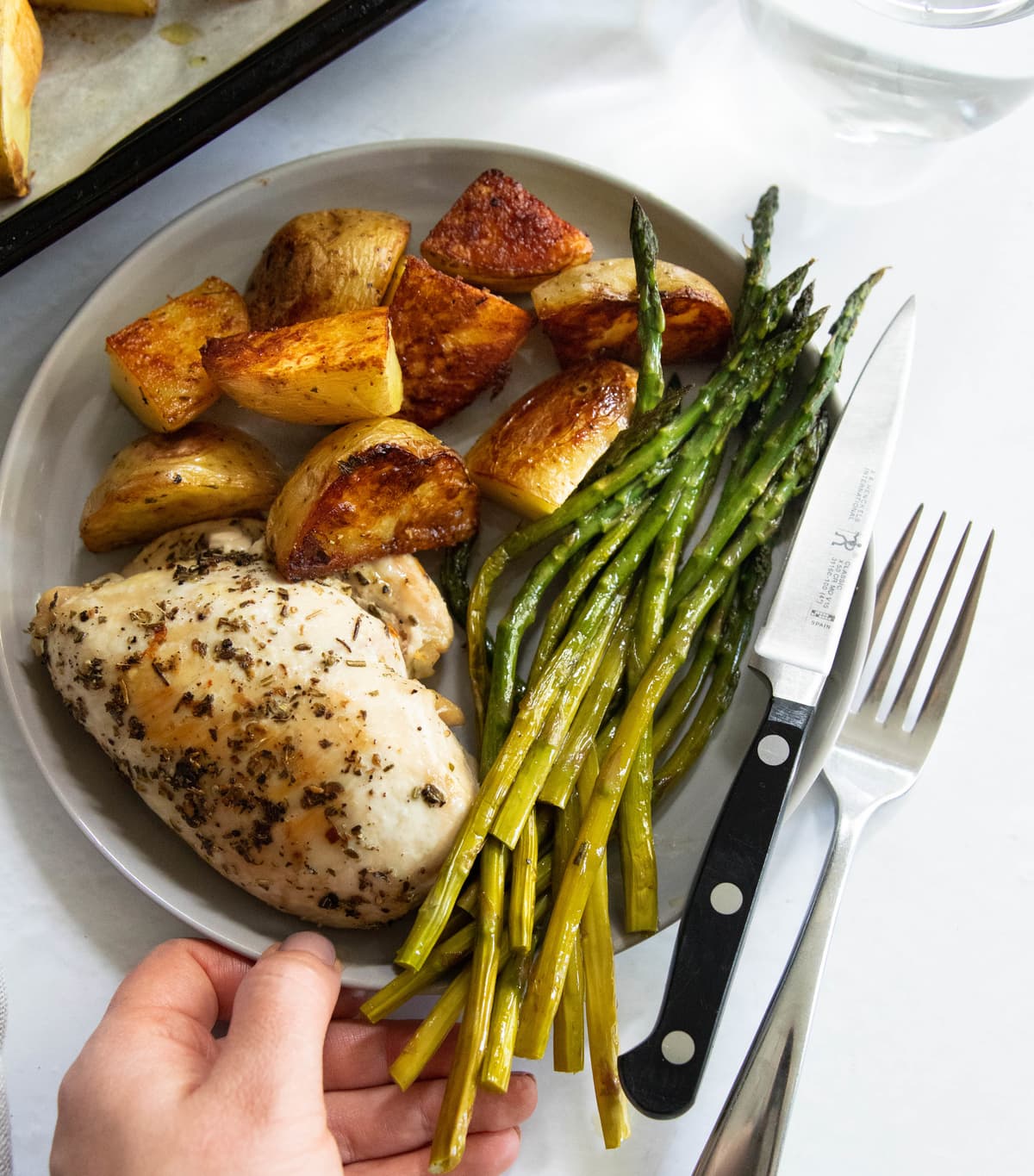 chicken, asparagus and potatoes