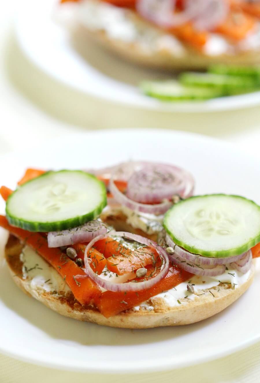 gluten free bagel with vegan carrot lox and cream cheese