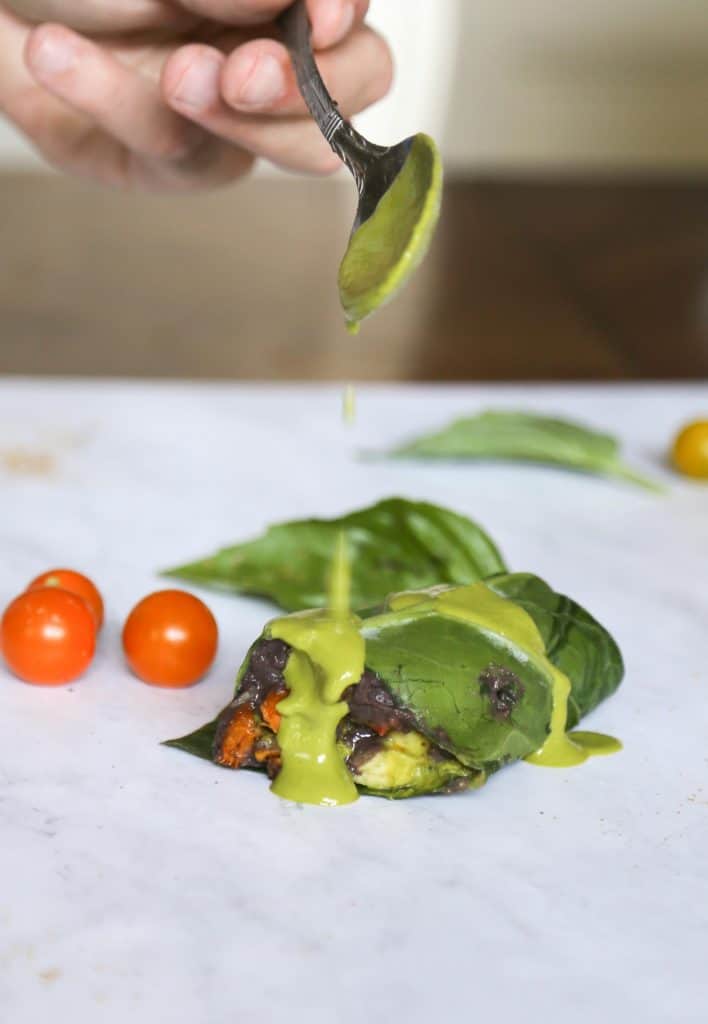 collard green wraps with veggies and healthy refried beans