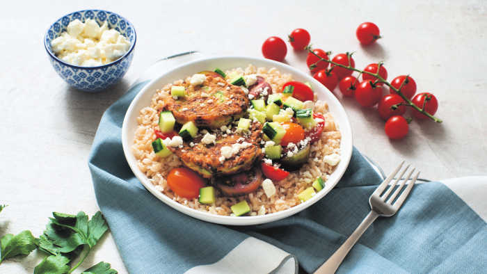 zucchini fritter mediterranean rice bowl