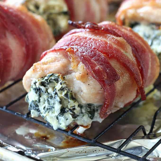 bacon wrapped spinach artichoke stuffed chicken