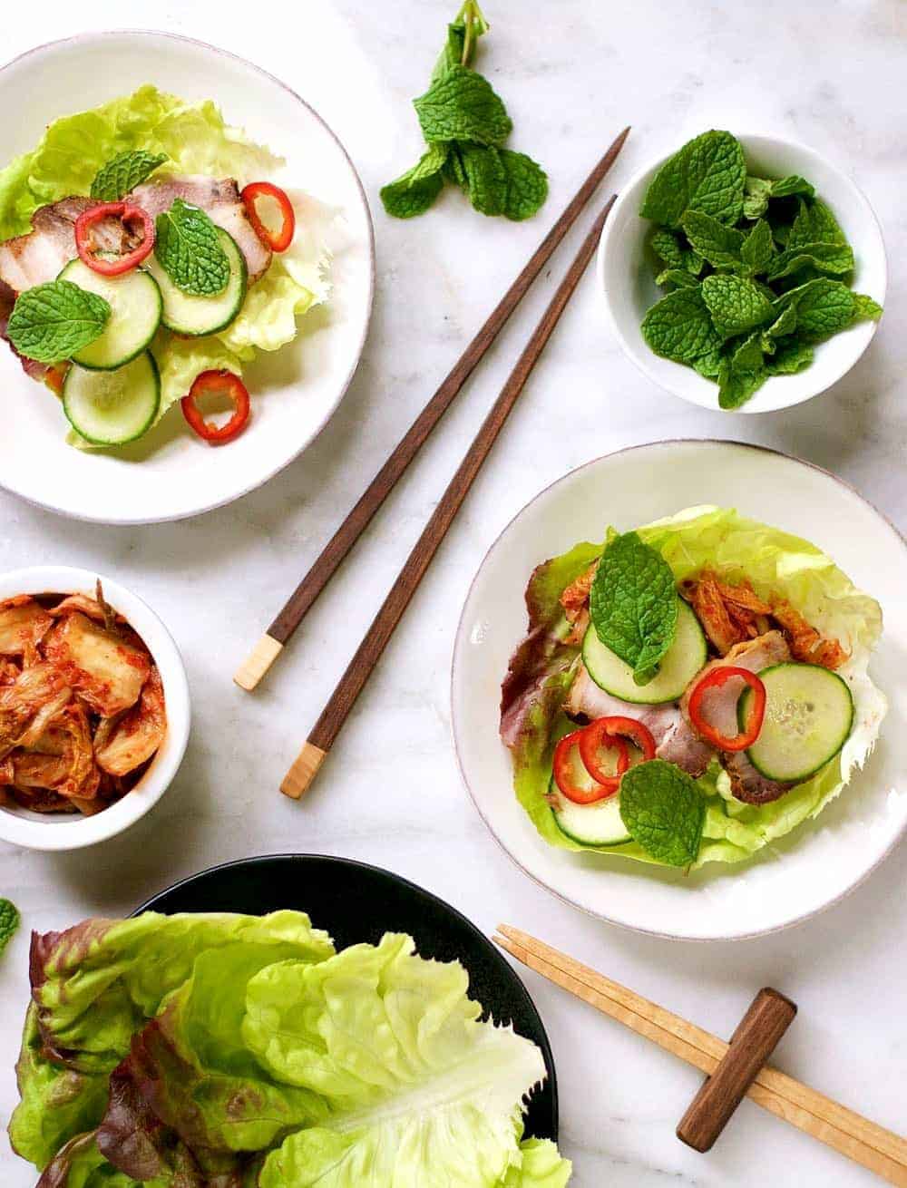 spicy pork belly cucumber kimchi lettuce wraps