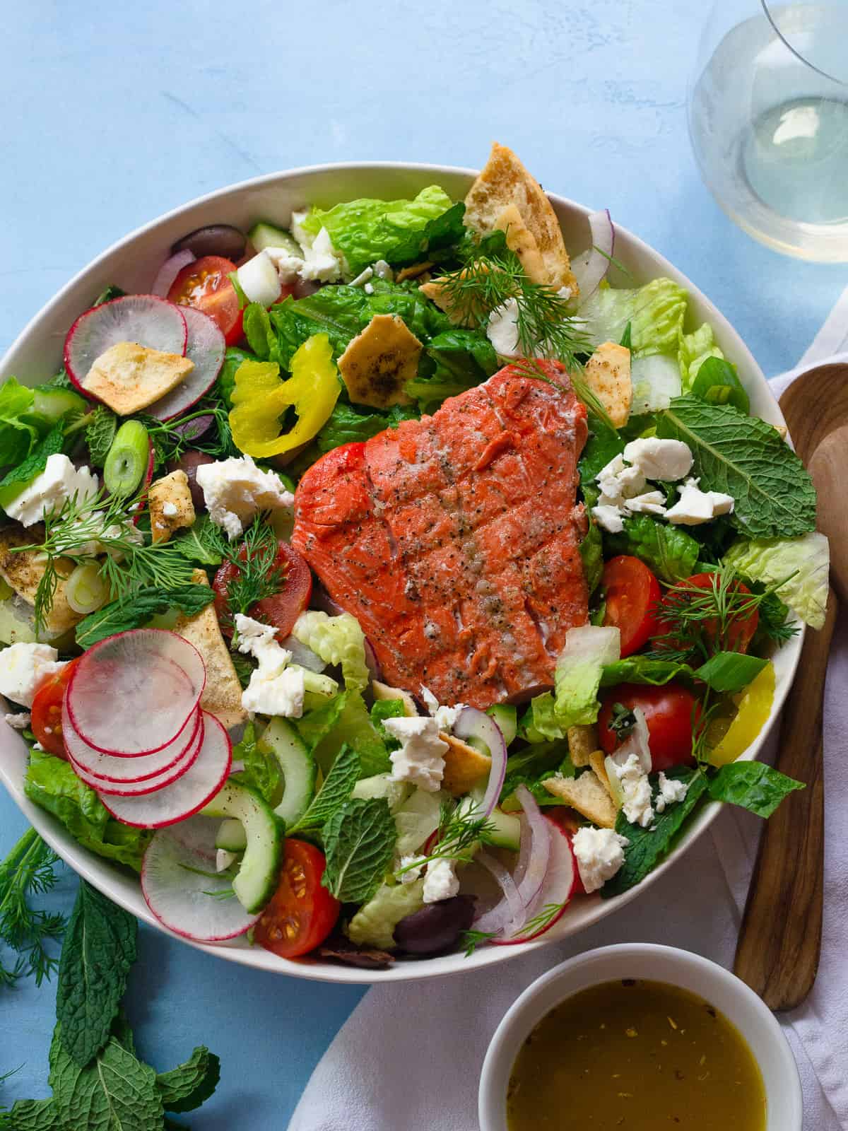 Greek fattoush salad with grilled salmon