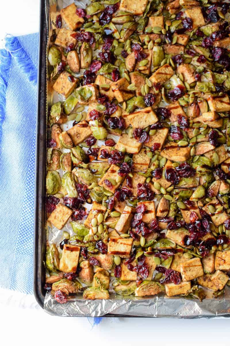 sheet pan tofu brussel sprouts