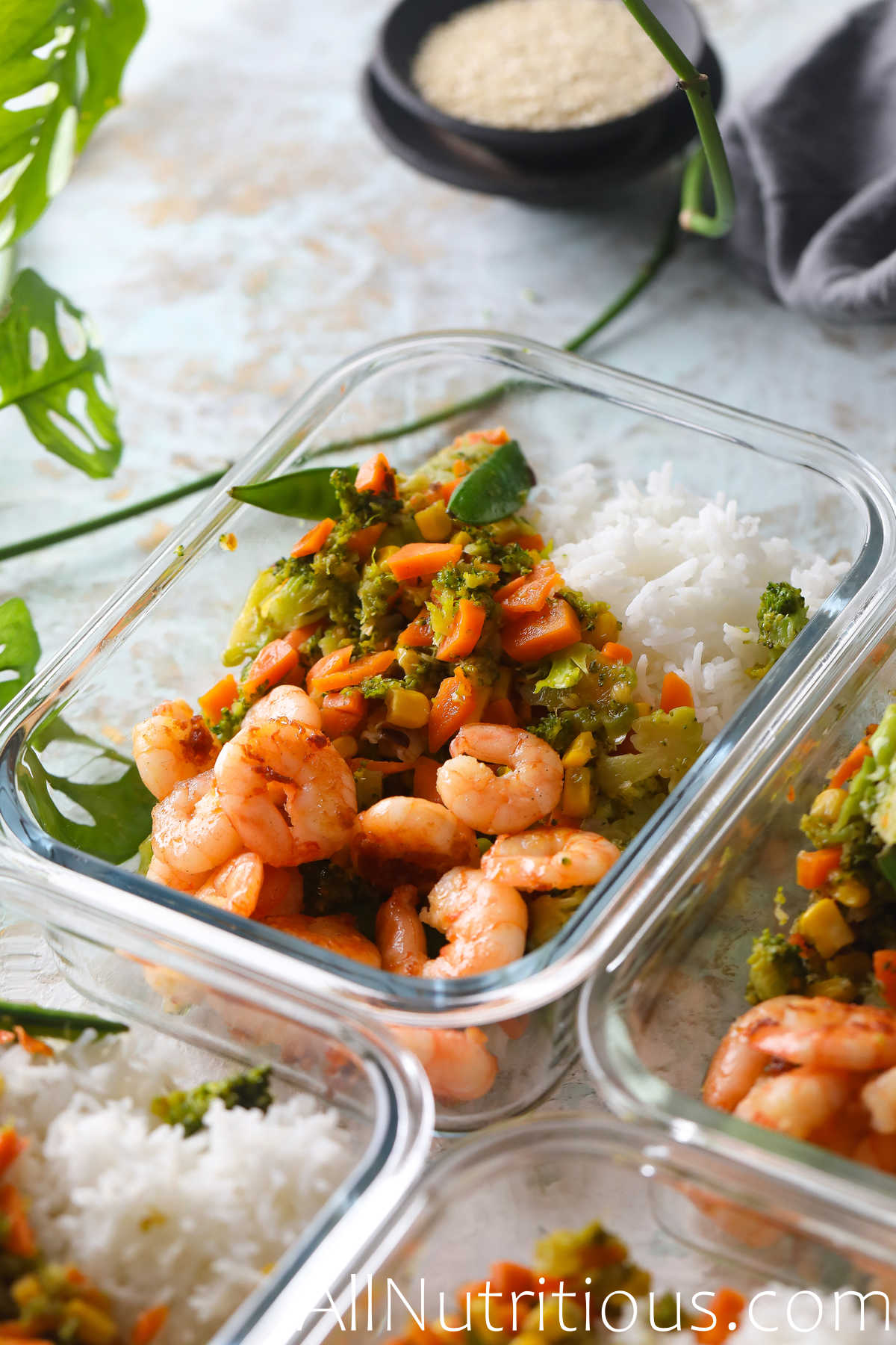 honey garlic shrimp with veggies and rice meal prep bowl