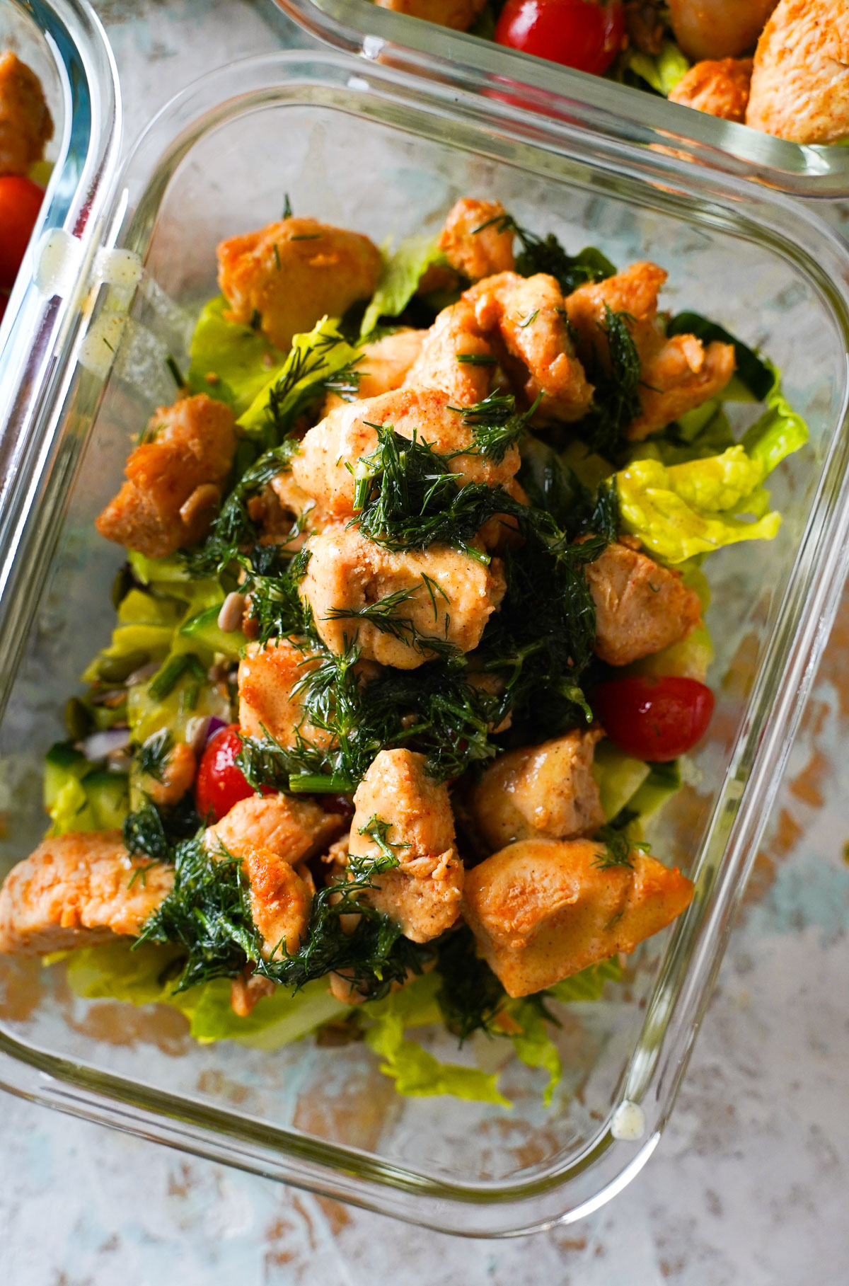 top view of meal prep container with chicken salad