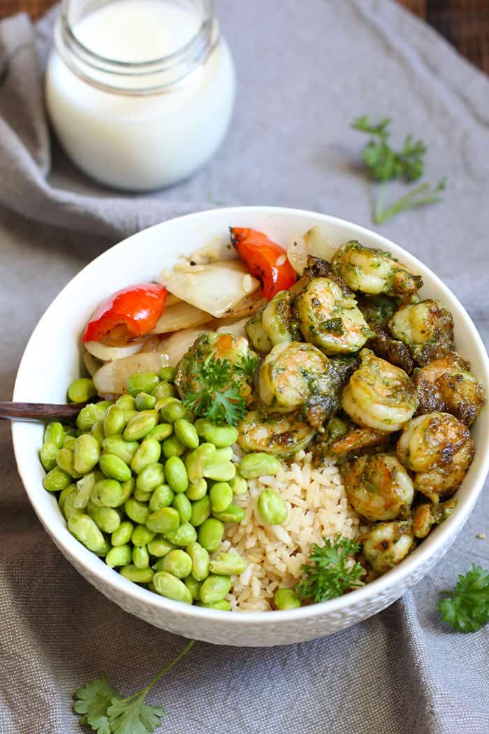 shrimp pesto rice bowl