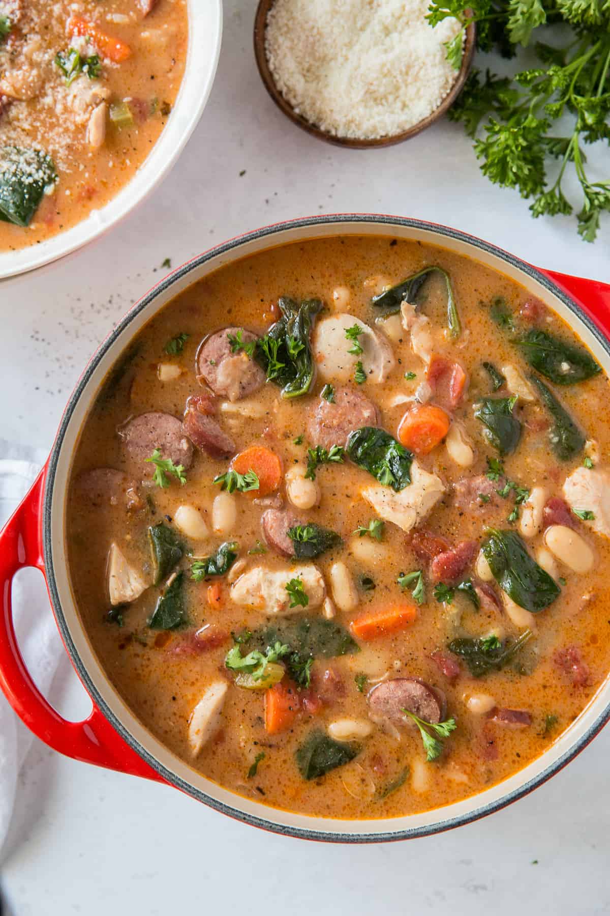 chicken and sausage stew with white beans and spinach