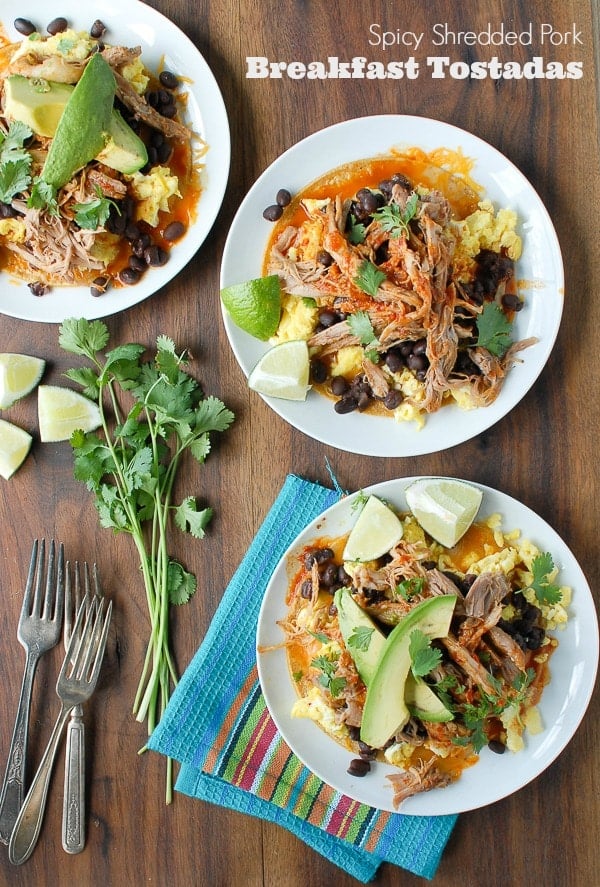 shredded pork breakfast tostadas