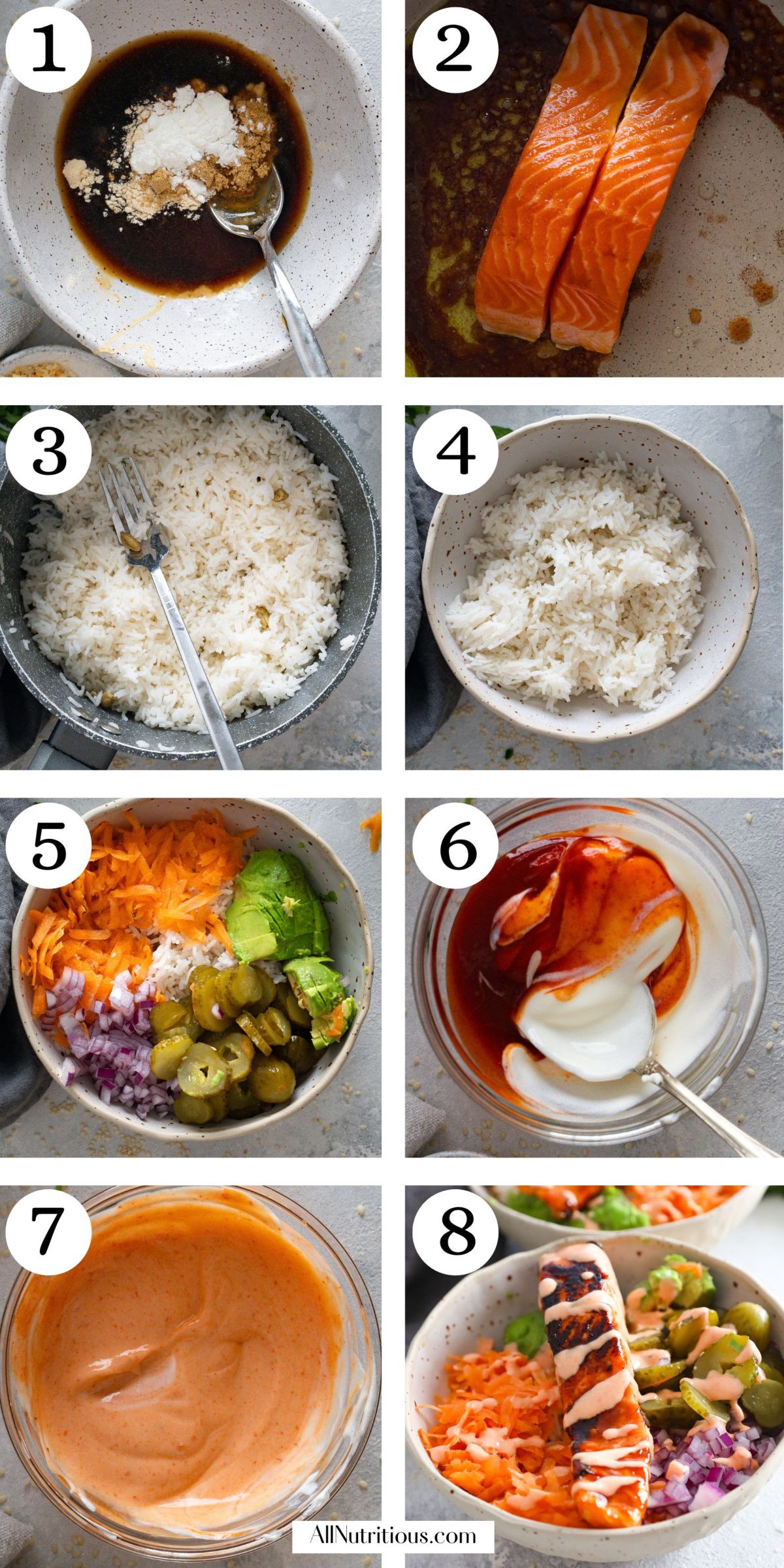 step by step  for the salmon bowl