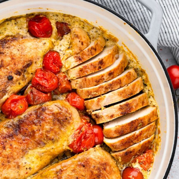 Creamy Pesto Chicken with Roasted Tomatoes featured