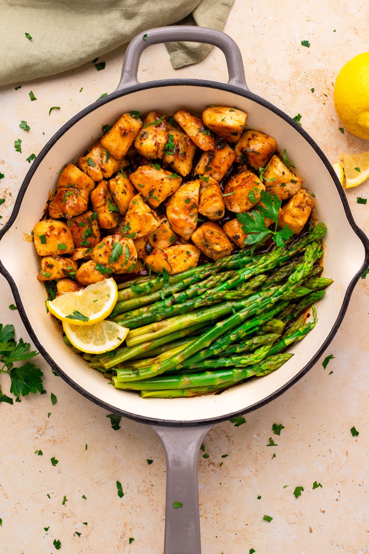 Gluten Free Garlic Butter Chicken Bites with Asparagus