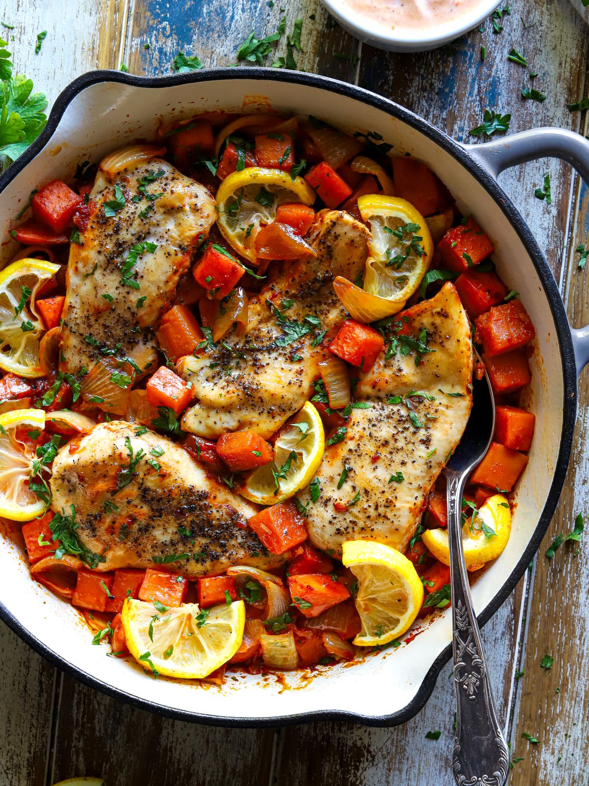One Pan Harissa Chicken with Sweet Potatoes