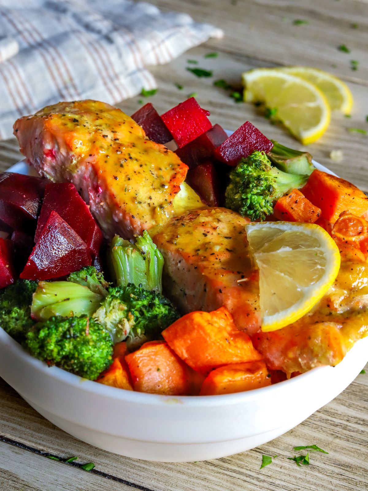 Healthy Salmon Bowls with Sweet Potatoes, Broccolini & Beets