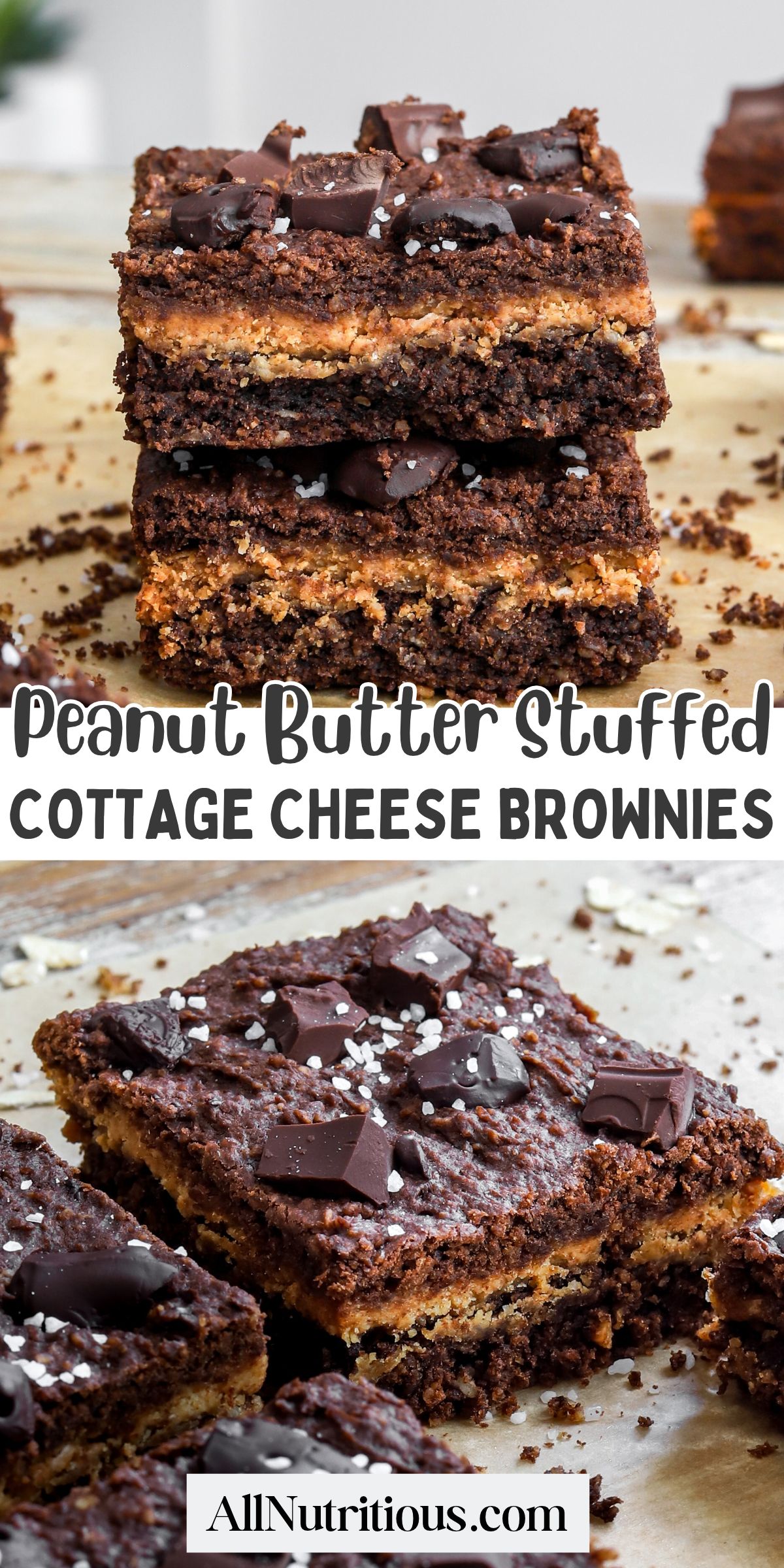 Peanut Butter Stuffed Cottage Cheese Brownies